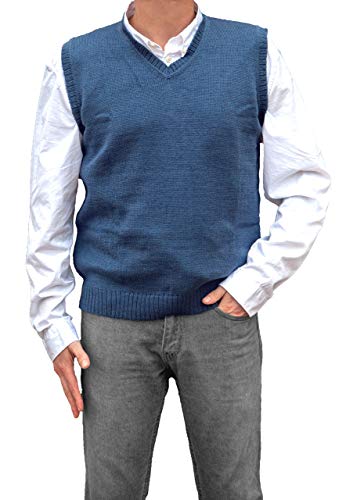 TINKUY PERU - Peruvian Alpaca Wool - Mens Knit V-Neck Pullover Sweater Classic Vest - Steel Blue (XXX-Large)