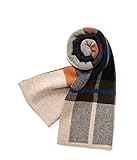 Villand Australian Merino Wool Tartan Knitted Scarf for Men, Plaid Winter Warm Thick Soft Neckwear with Gift Box, 12' W x 70' L (Camel Orange Tartan)