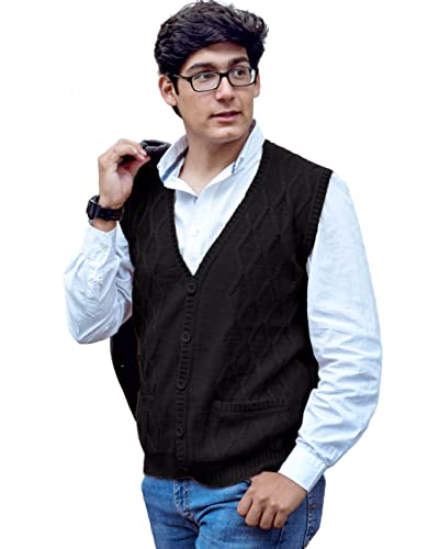 Tinkuy Peru Men’s Button-Up Cardigan, Authentic Peruvian Alpaca Wool V Neck Knitted Argyle Sweater Vest, (Black, xx_l)