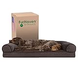 Furhaven Large Memory Foam Dog Bed Sherpa & Chenille Sofa-Style w/ Removable Washable Cover - Coffee, Large