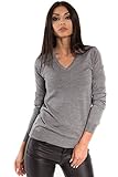 KNITTONS Women's Cashmere Soft 240gr Merino Wool V-Neck Sweater Pullover Top (Large, Grey)