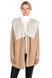 JENNIE LIU Women's 100% Pure Cashmere Long Sleeve 2-Tone Double Face Cascade Open Cardigan Sweater(L, CamelOatmeal)