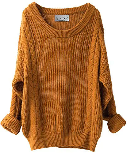 LINY XIN महिला कश्मीरी ओवरसाइज़्ड लूज़ निटेड क्रू नेक लॉन्ग स्लीव विंटर वार्म वूल पुलओवर लॉन्ग स्वेटर ड्रेसेस टॉप्स (अदरक)