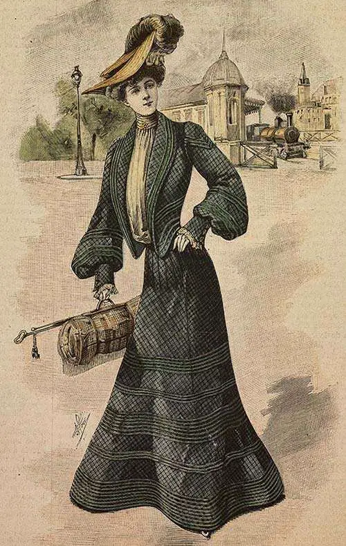 Woman wearing a Black Alpaca wool travelling dress, creation by Madame Blanche Limousin