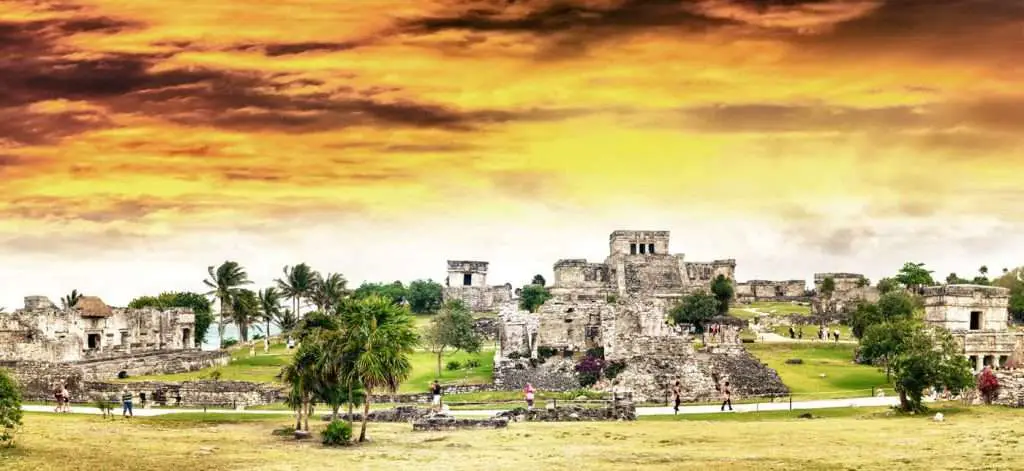 Sunset sky over Tulum Mayan Ruins