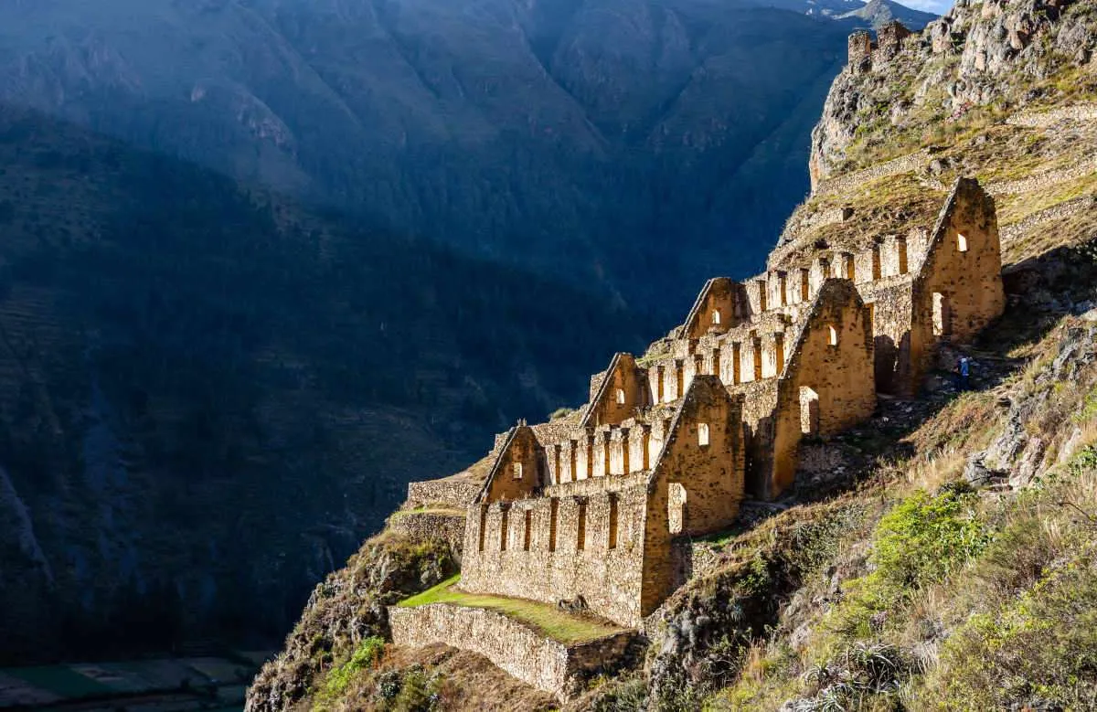 Pinkuylluna, ruins of ancient Inca storehouses located on mountains, Sacred Valley, Ollantaytambo, Peru