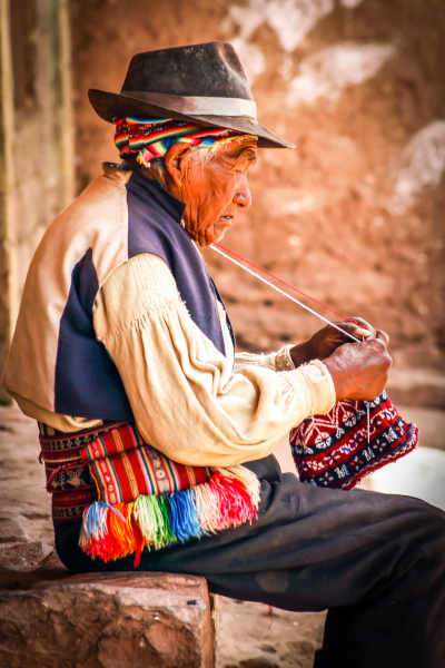 Old Man Knitting in Peru