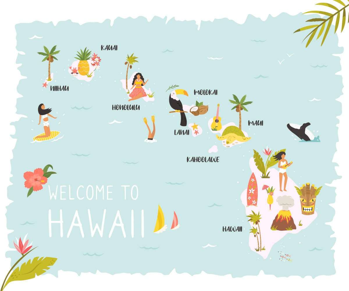 Hawaiian map with icons, characters and symbols