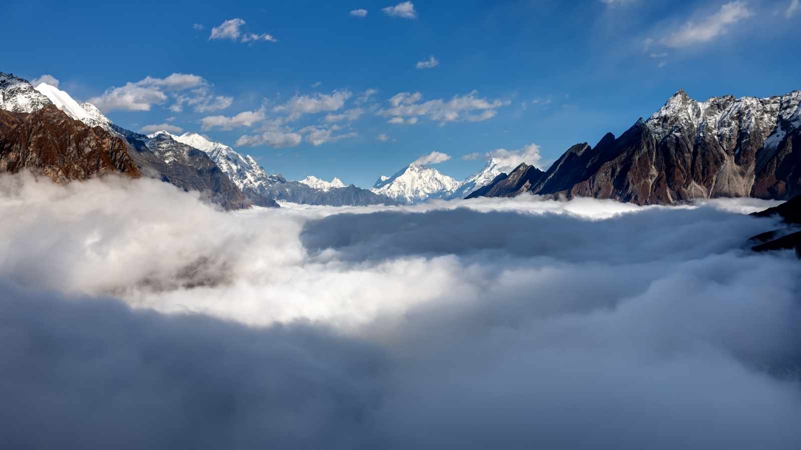 Manaslu valley covered with clouds on Manaslu circuit trek in Nepal