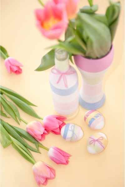 tulips, Easter eggs and yarn wrapped bottle