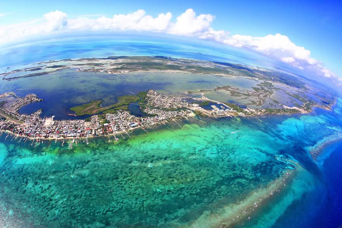 Aerial View of San Pedro town, Ambergris Caye, Belize with Barrier Reef