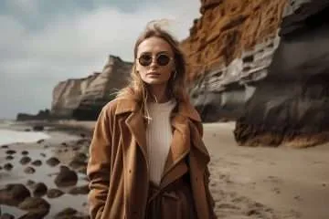 Girl walking on Rocky shore in Camel Hair Coat
